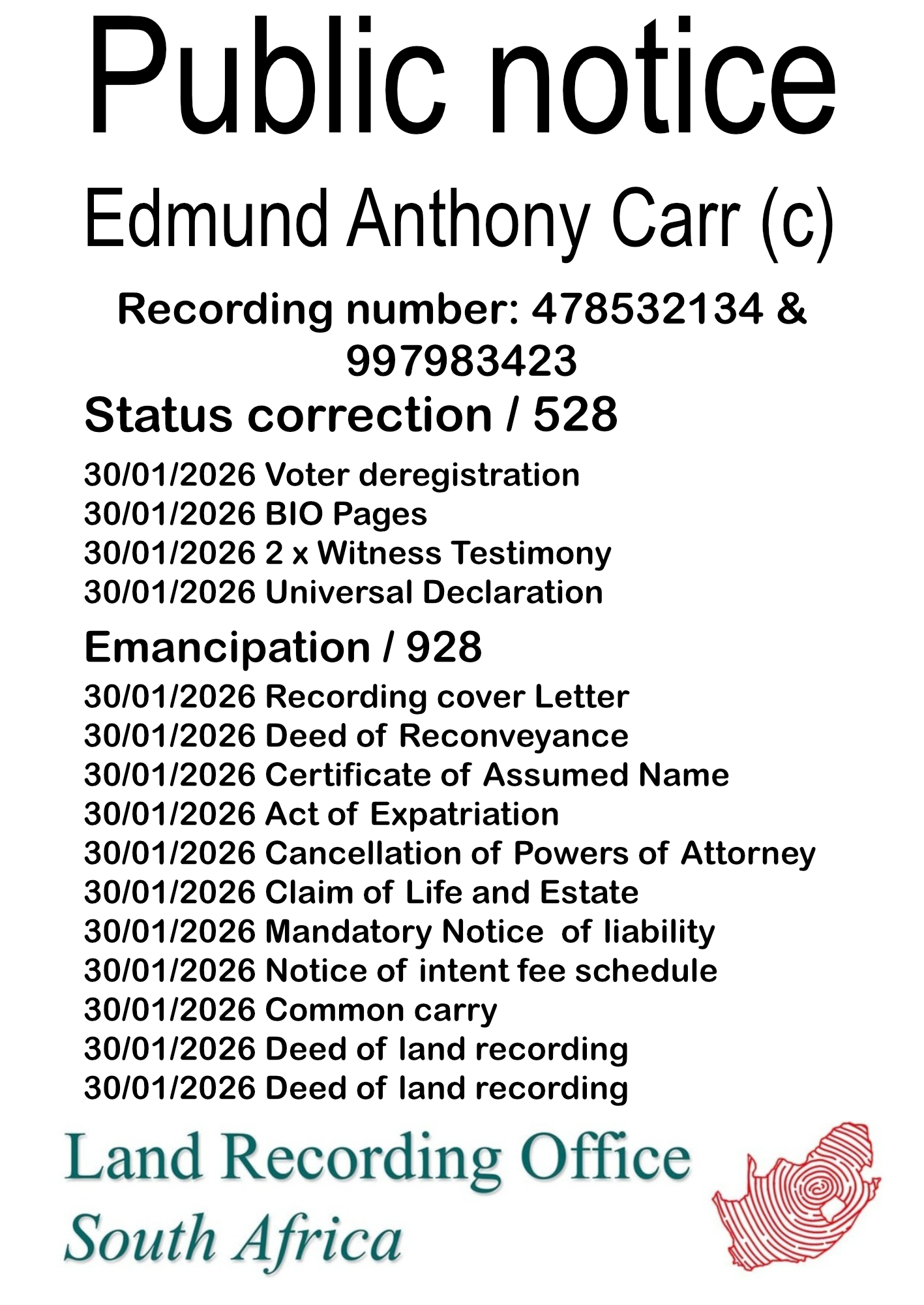 Public notice Edmund Anthony Carr (c) Recording number 478532134 & 997983423